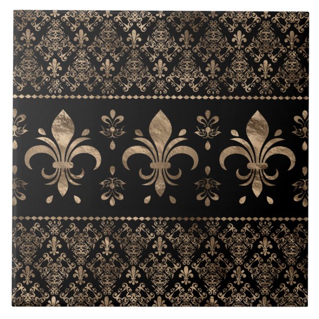 Ornamento de luxo preto e ouro Fleur-de-lis (Frente)