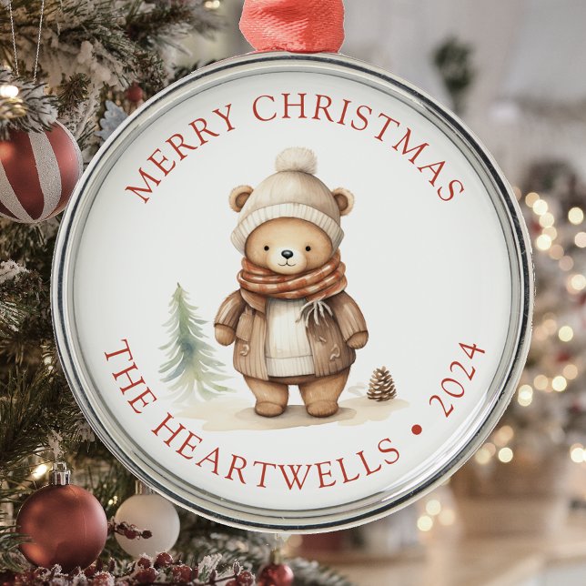 Ornamento De Metal 2024 Urso Cute Personalizado Feliz Natal (Criador carregado)