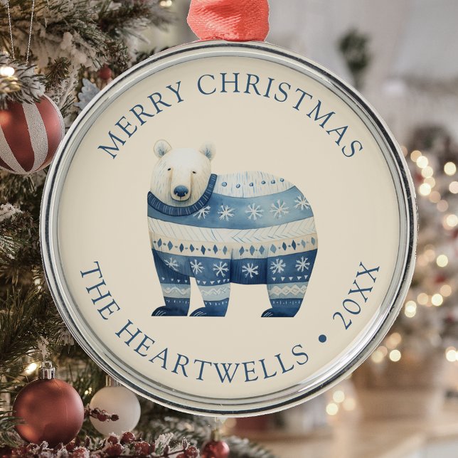 Ornamento De Metal 2025 Personalized Blue Polar Bear Merry Christmas (Criador carregado)
