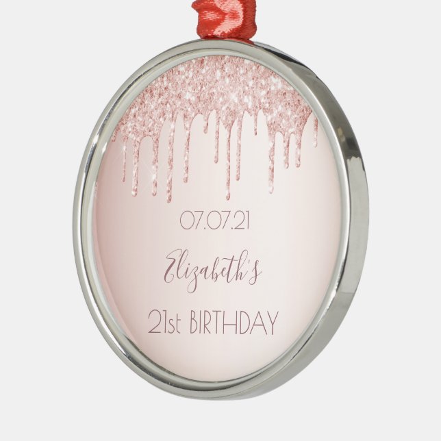Ornamento De Metal 21st birthday rose gold blush glitter drips (Esquerda)