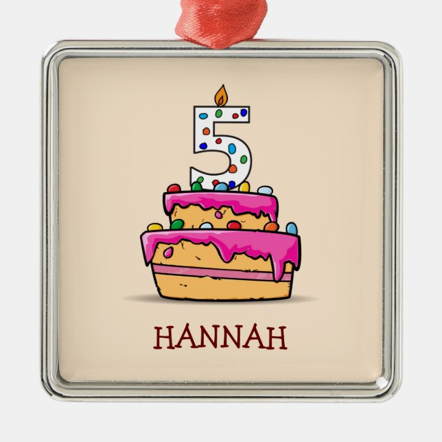 Ornamento De Metal 5 de Aniversário, 5 no Bolo Rosa Doce (Frente)