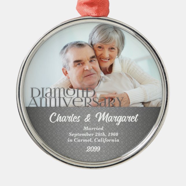 Ornamento De Metal 60º aniversário do Diamante Silver Damask Natal (Frente)