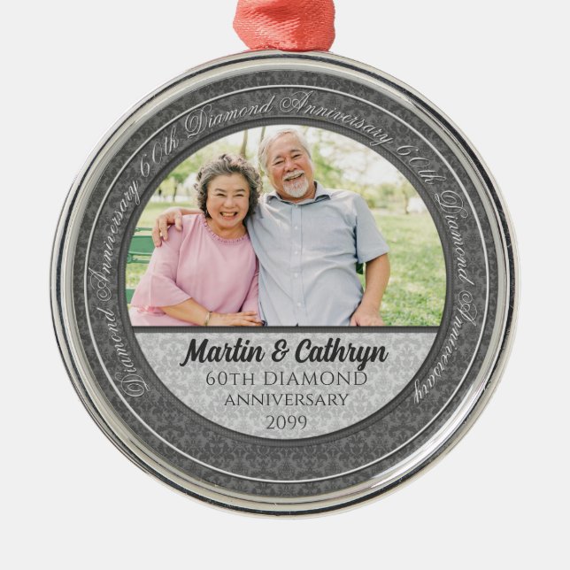 Ornamento De Metal 60th Diamond Anniversary Silver Damask Photo (Frente)
