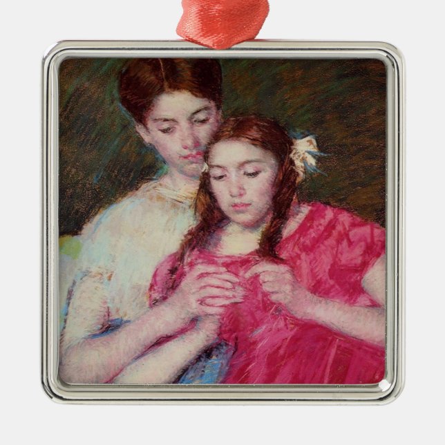 Ornamento De Metal A lição de crochê (duas irmãs) (Frente)