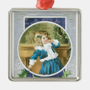 Ornamento De Metal "A Merry Christmas" Garota de Azul