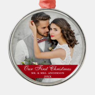 Ornamento De Metal A nossa primeira foto de casamento de Natal Vermel
