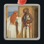 Ornamento De Metal A Sombra do Cavaleiro (por Edmund Blair Leighton)<br><div class="desc">Este design apresenta uma pintura do artista inglês Edmund Blair Leighton (1852-1922). Mostra um cavaleiro medieval armado contra a parede crenelada das partes do castelo. Ele está segurando um capacete e tem uma espada longa pendurada na cintura. Ele é um guerreiro orgulhoso. Há uma nobre senhora de cabelo comprido ao...</div>