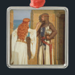 Ornamento De Metal A Sombra do Cavaleiro (por Edmund Blair Leighton)<br><div class="desc">Este design apresenta uma pintura do artista inglês Edmund Blair Leighton (1852-1922). Mostra um cavaleiro medieval armado contra a parede crenelada das partes do castelo. Ele está segurando um capacete e tem uma espada longa pendurada na cintura. Ele é um guerreiro orgulhoso. Há uma nobre senhora de cabelo comprido ao...</div>