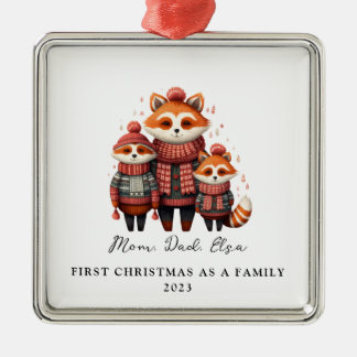 Ornamento De Metal Adoção do Primeiro Natal como Família de 3 Raposas