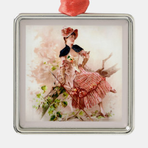 Ornamento De Metal Adorável Senhora Vintage em Vestido Rosa