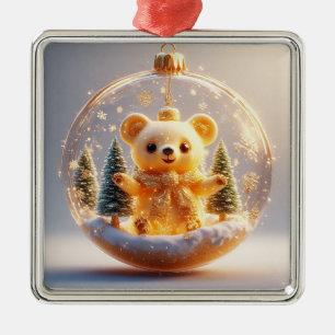 Ornamento De Metal Adorno de Urso Dourado Fofo em uma Cena de Inverno