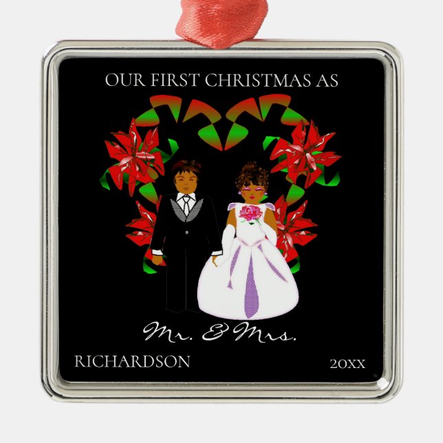Ornamento De Metal Afro-Americano Primeiro Natal como Sr. & Sra. (Frente)