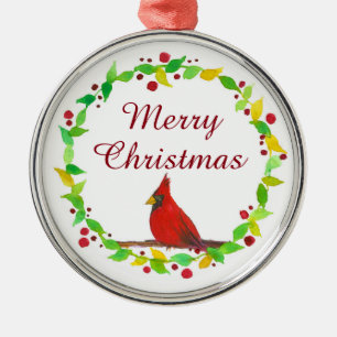 Ornamento De Metal Aguarela cardinal vermelha do Feliz Natal