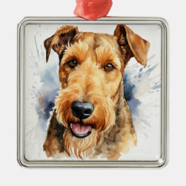 Ornamento De Metal Airedale Terrier Aquarela Preto e Bege