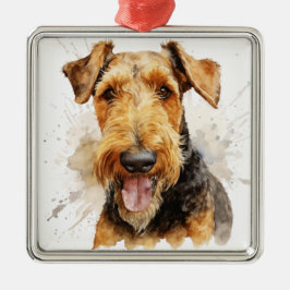 Ornamento De Metal Airedale Terrier Aquarela Preto e Bege