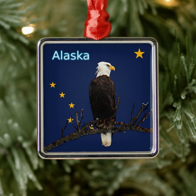 Ornamento De Metal Alaska Eagle E Flag (Árvore)