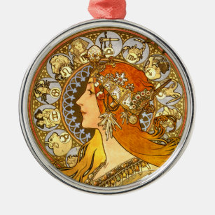 Ornamento De Metal Alfonse Mucha Zodiac Art Nouveau Mulher