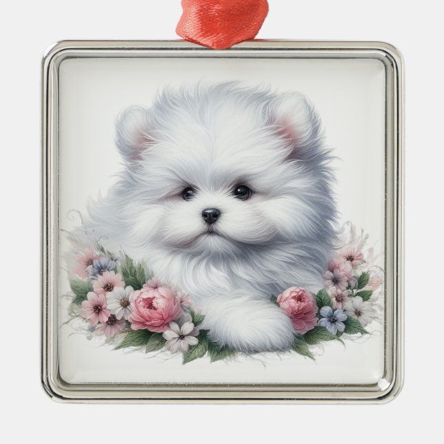 ORNAMENTO DE METAL ALGODÃO BRANCO ADORÁVEL DE CÃO TULEAR (Frente)