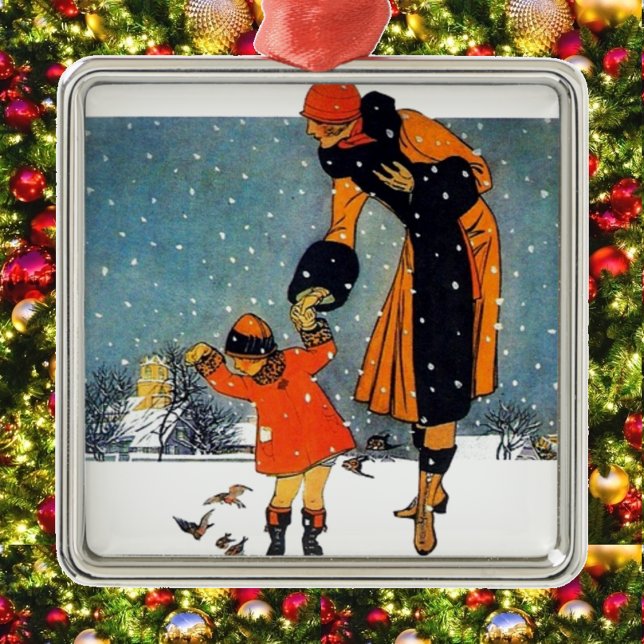 Ornamento De Metal Alimentando aves na neve (Criador carregado)