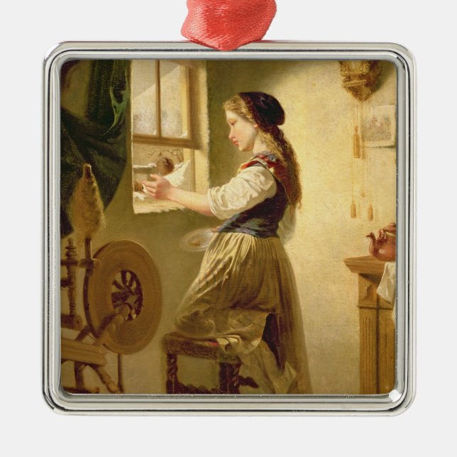 Ornamento De Metal Alimentando os pássaros no inverno (Frente)