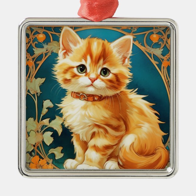 Ornamento De Metal Alphonse Mucha Art Nouveau Cat (Frente)