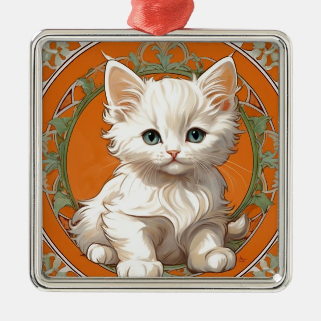 Ornamento De Metal Alphonse Mucha Art Nouveau White Kitten (Frente)