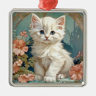 Ornamento De Metal Alphonse Mucha Style White Cat
