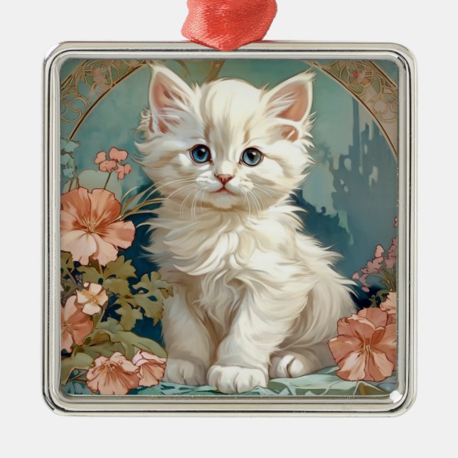 Ornamento De Metal Alphonse Mucha Style White Cat (Frente)