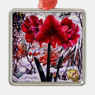 Ornamento De Metal Amaryllis pela janela da neve