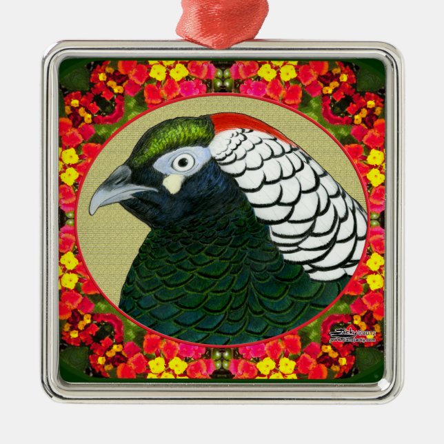 Ornamento De Metal Amherst Pheasant e Flores (Frente)