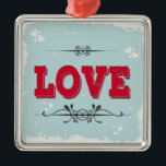 Ornamento De Metal Amor<br><div class="desc">Ilustração de amor com decoração floral e cardíaca sobre fundo azul em quadro de resmungão</div>