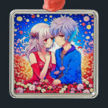 Ornamento De Metal Anime Casal Ama Flores e Corações<br><div class="desc">Menina e menino de anime bonitos em vermelho e azul cercados por corações e flores.</div>