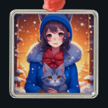 Ornamento De Metal Anime Girl e Kitten Winter Christmas<br><div class="desc">Menina de anime bonita com um gatinho de cinza brincando e um Enfeites de natal de fundo de inverno de neve.</div>