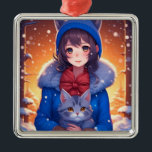 Ornamento De Metal Anime Girl e Kitten Winter Christmas<br><div class="desc">Menina de anime bonita com um gatinho de cinza brincando e um Enfeites de natal de fundo de inverno de neve.</div>