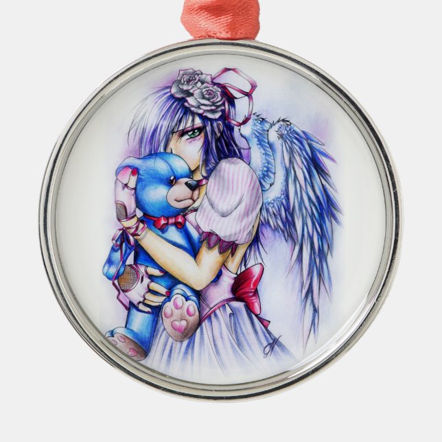Ornamento De Metal Anime Gothic Pink Angel Girl Com Ursinho (Frente)