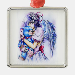 Ornamento De Metal Anime Gótico Menina Anjo Rosa Com Teddy