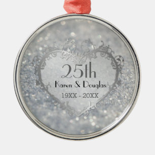 Ornamento De Metal Aniversário de Casamento de 25 do Coração Sparkle