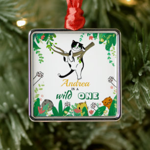 Ornamento De Metal Aniversário de criança Selvagem de Gato Verde