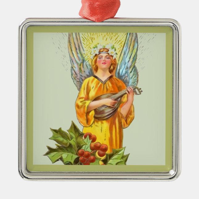 Ornamento De Metal Anjo Com Azevinho E Bandolim  (Frente)