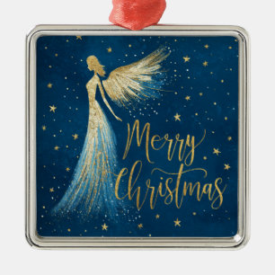 Ornamento De Metal Anjo de Natal Dourado em Azul-Marinho Estrelado