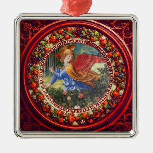 Ornamento De Metal Anjo que recolhe o Natal floral vermelho da coroa