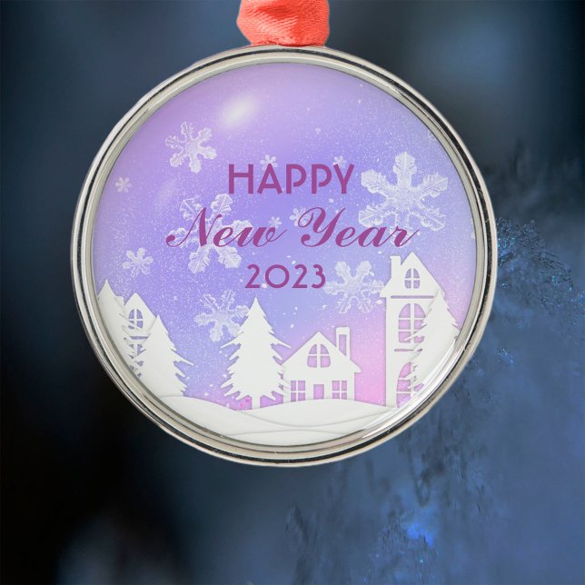 Ornamento De Metal Ano Novo 2023 - Neve na Casa Branca Roxa (Criador carregado)