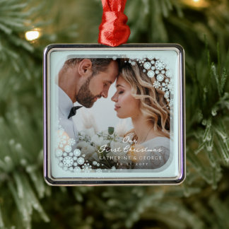 Ornamento De Metal Aqua Blue Snowflakes Foto de Casamento de Férias d