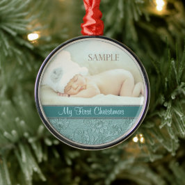 Ornamento De Metal Aqua Floral Swirl Baby Primeiro Natal