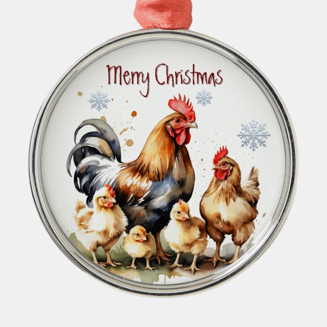 Ornamento De Metal Aquarela Família De Galinhas Animal Arte Natureza  (Frente)