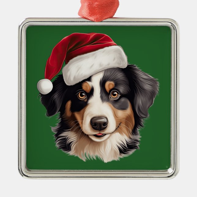 Ornamento De Metal Aquarela, Miniatura de Natal - Pastor Americano (Frente)