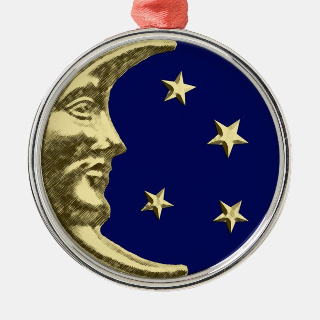 Ornamento De Metal Art Deco Moon and Stars - Azul Marinho e Dourado (Frente)