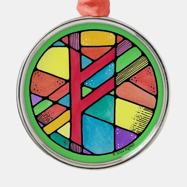 Ornamento De Metal Art Nouveau Fehu Rune de Riqueza (Frente)