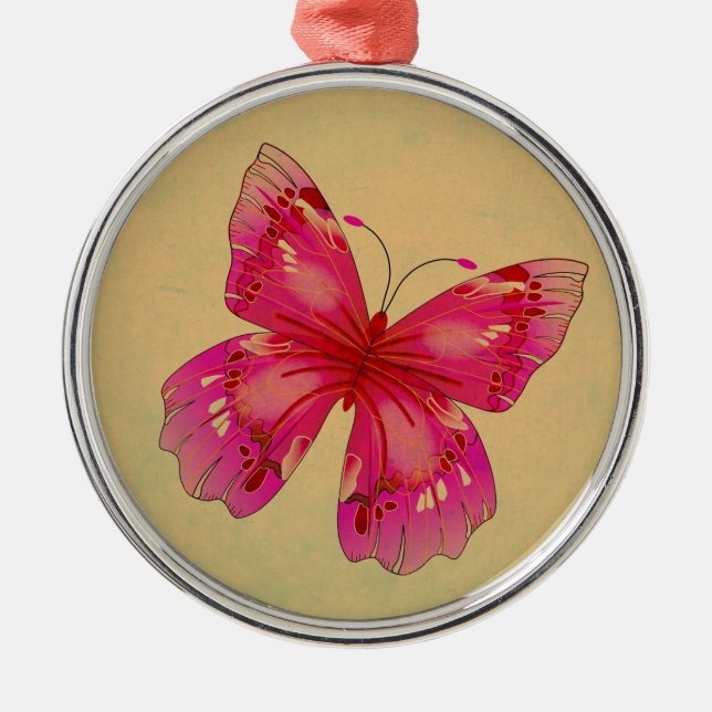 Ornamento De Metal Arte de borboletas oriental rosa (Frente)