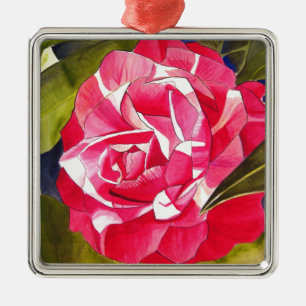 Ornamento De Metal Arte de camélia em aquarela rosa brilhante flor